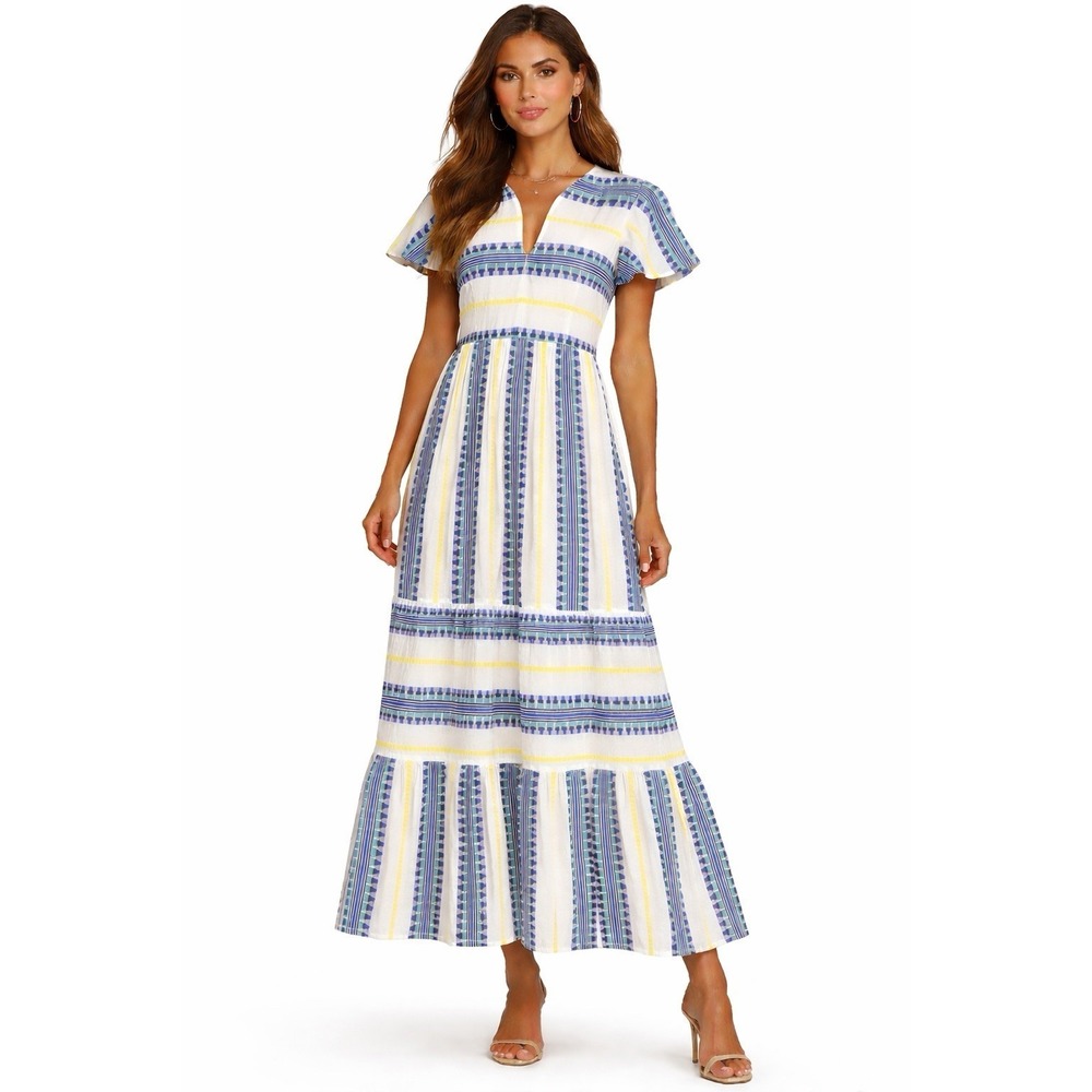 OLIPHANT Tiered V-Neck Flutter Sleeve Maxi Dress White Blue Yellow Xs